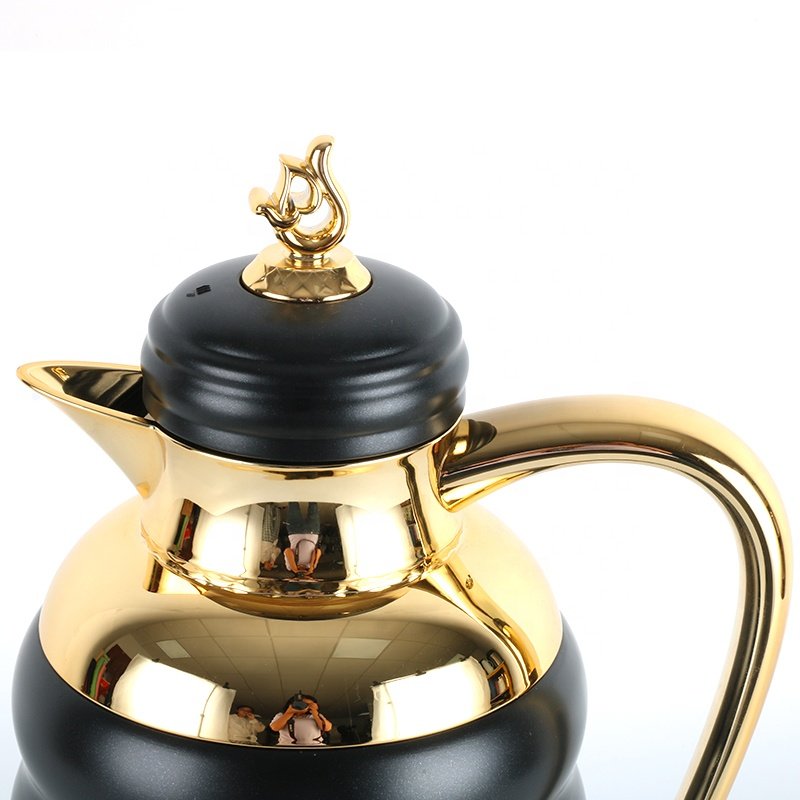Top Sale Arabic Tyre Shape 1.0L Black Metal Body Glass Vacuum Flask Hot and Cold Coffee Sets