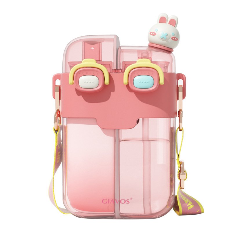 Children Rabbit Water Bottle Summer Sports Portable Double Drinking Cup Water Bottle Double Plastic with Straw Cute Cartoon