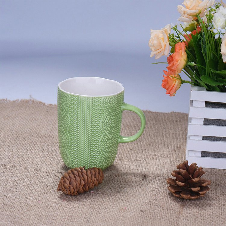 Wholesale Plain White Knitting Porcelain Ceramic Mug Embossed Coffee Mug Sweater Cup With Handle
