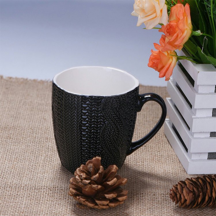 Wholesale Plain White Knitting Porcelain Ceramic Mug Embossed Coffee Mug Sweater Cup With Handle