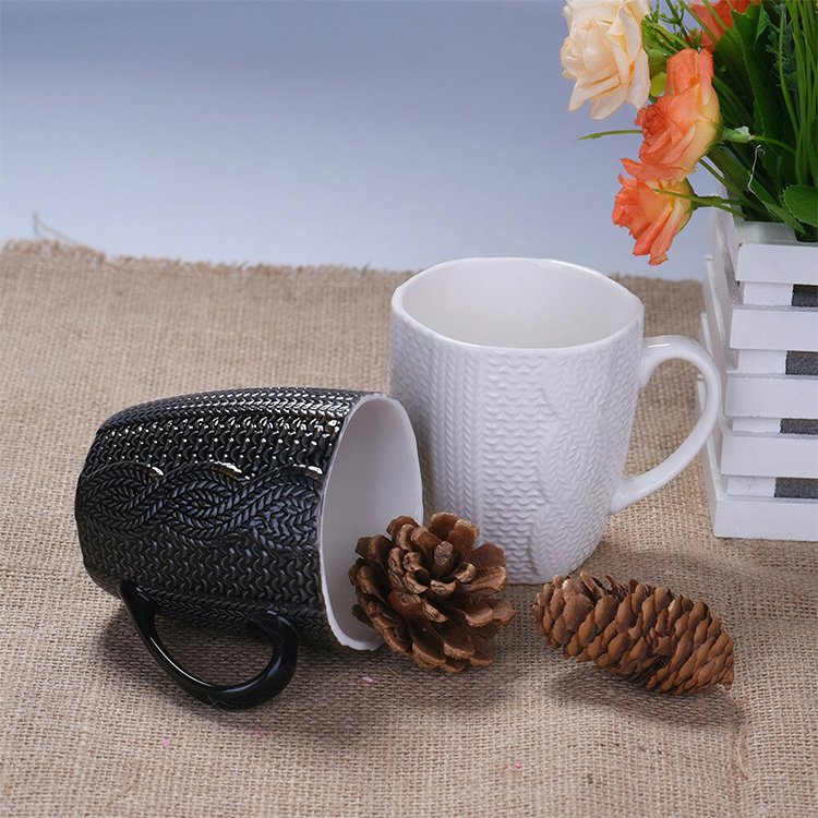 Wholesale Plain White Knitting Porcelain Ceramic Mug Embossed Coffee Mug Sweater Cup With Handle