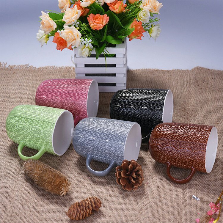 Wholesale Plain White Knitting Porcelain Ceramic Mug Embossed Coffee Mug Sweater Cup With Handle