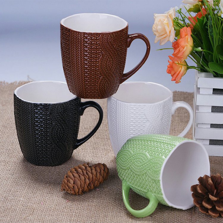 Wholesale Plain White Knitting Porcelain Ceramic Mug Embossed Coffee Mug Sweater Cup With Handle
