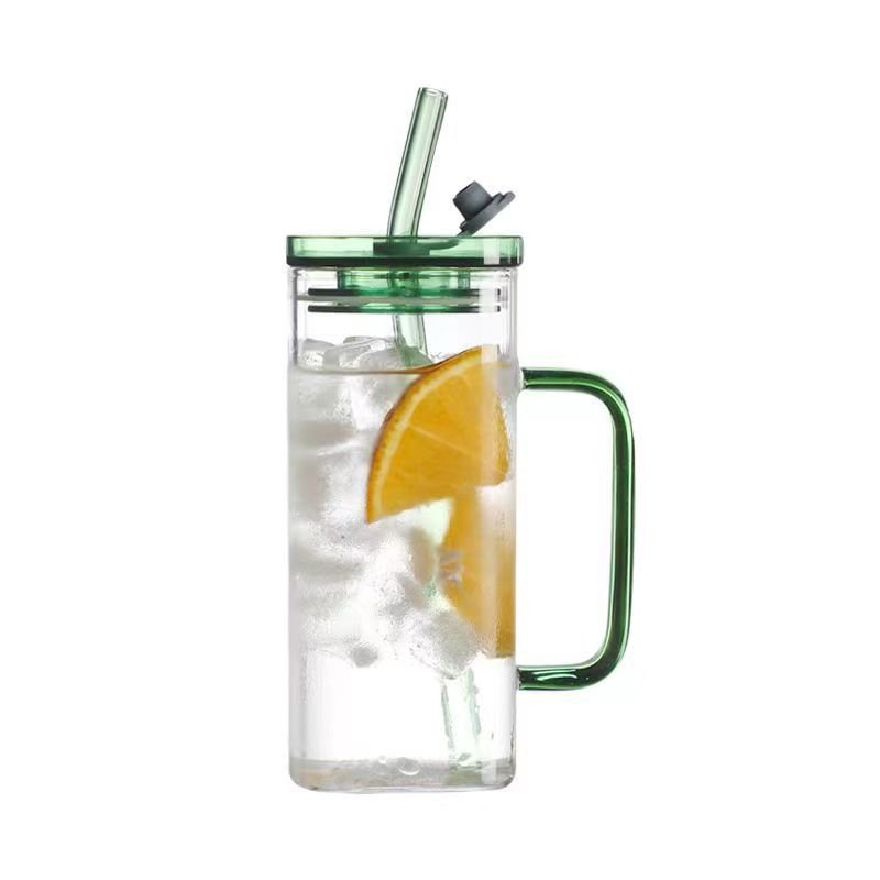 Custom Logo Heat Resistant Milk Cup Colored Glass Coffee Mug With Glass Straw And Plastic Lid