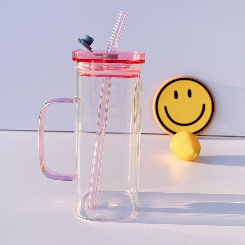 Custom Logo Heat Resistant Milk Cup Colored Glass Coffee Mug With Glass Straw And Plastic Lid