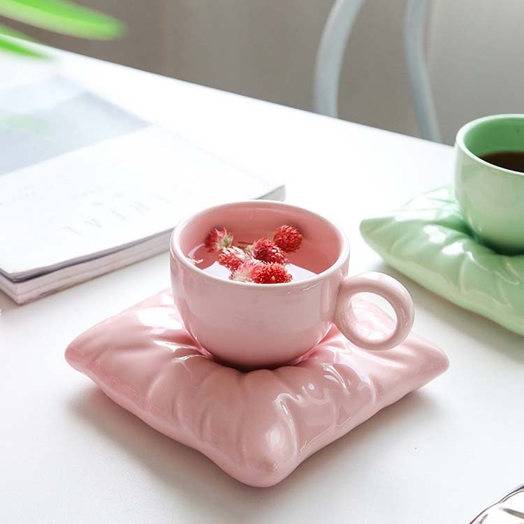 nordic creative couple gift macaron pillow shaped ceramic coffee mug porcelain milk tea cups and saucer set