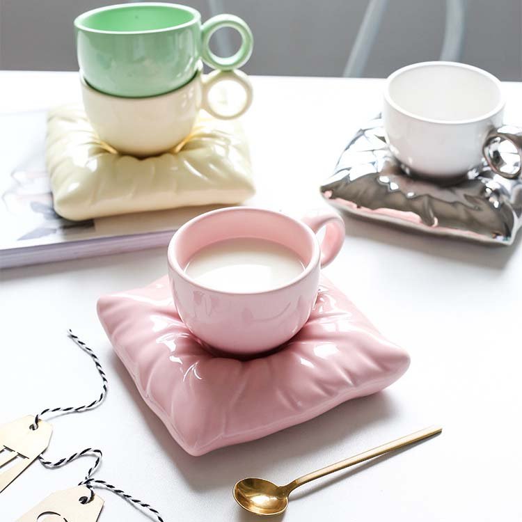 nordic creative couple gift macaron pillow shaped ceramic coffee mug porcelain milk tea cups and saucer set