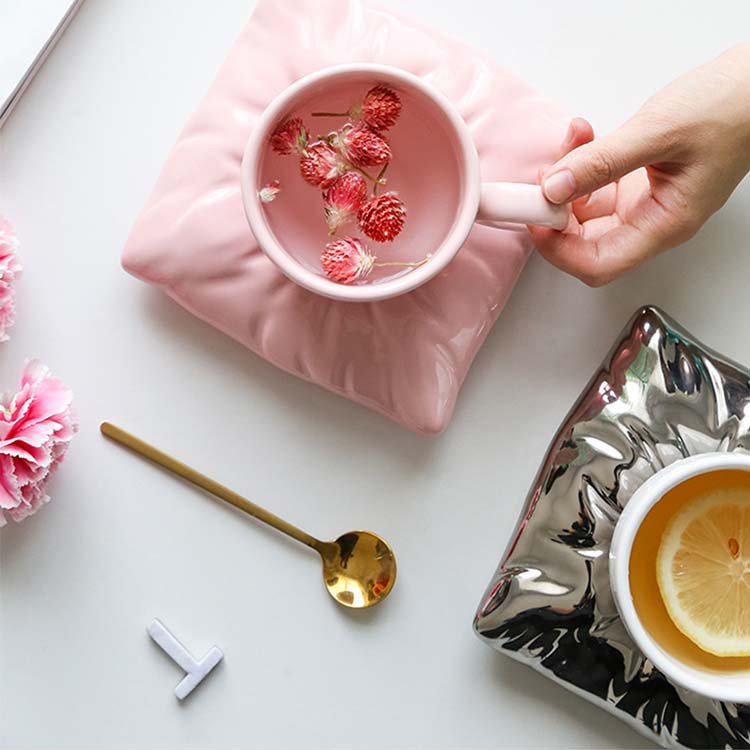 nordic creative couple gift macaron pillow shaped ceramic coffee mug porcelain milk tea cups and saucer set