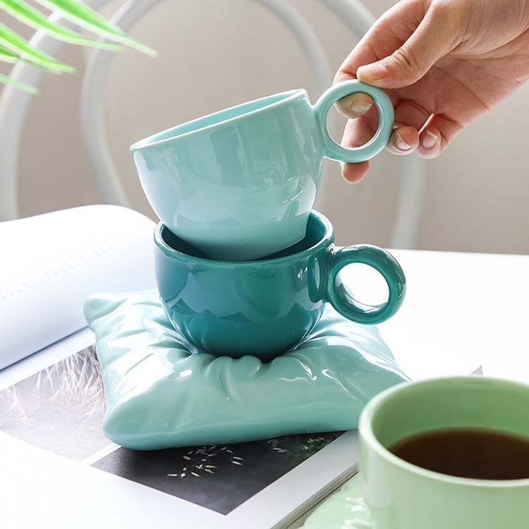 nordic creative couple gift macaron pillow shaped ceramic coffee mug porcelain milk tea cups and saucer set