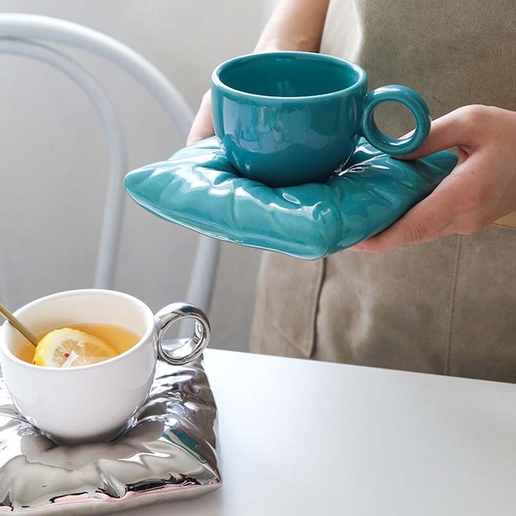 nordic creative couple gift macaron pillow shaped ceramic coffee mug porcelain milk tea cups and saucer set