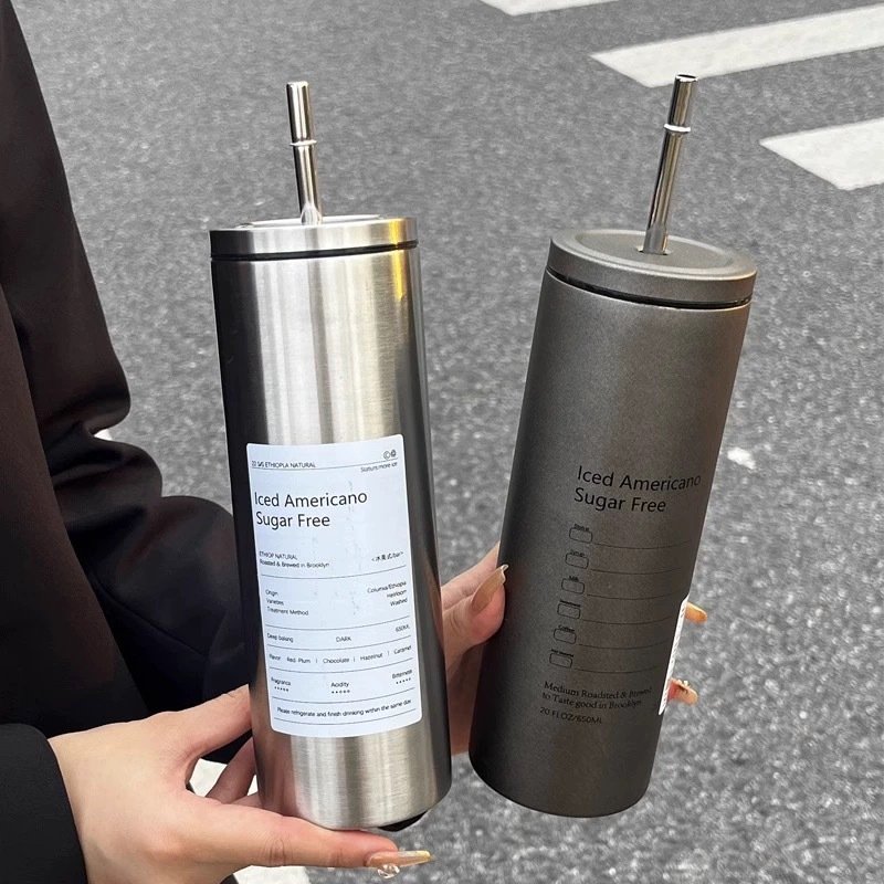 Outdoor Portable Stainless Steel Straw Coffee Cup 600ml Straight Tumbler Mug Thermal Bottle Double Wall Vacuum Insulated Cup