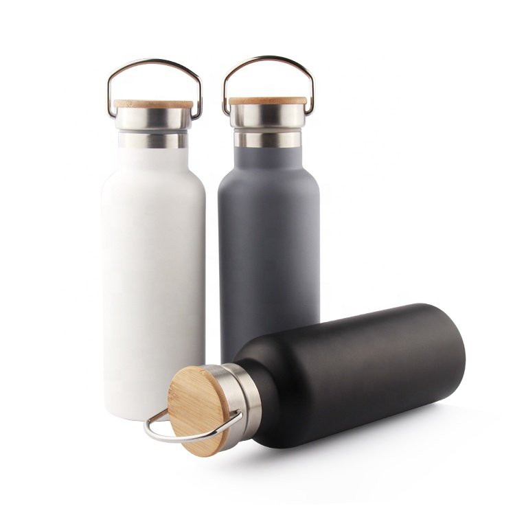 White Custom Sport Water Bottle with Bamboo Lid Wood Cap Double Wall Wide Mouth Vacuum Insulated Thermal Water Bottle