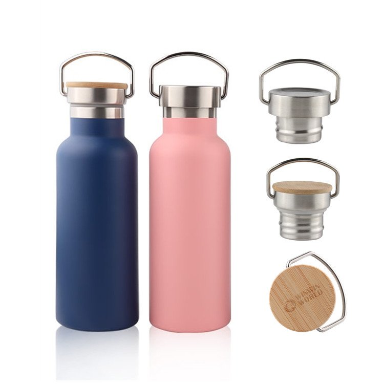White Custom Sport Water Bottle with Bamboo Lid Wood Cap Double Wall Wide Mouth Vacuum Insulated Thermal Water Bottle