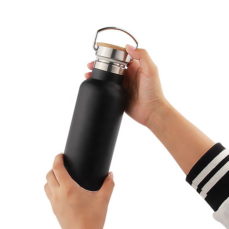 White Custom Sport Water Bottle with Bamboo Lid Wood Cap Double Wall Wide Mouth Vacuum Insulated Thermal Water Bottle
