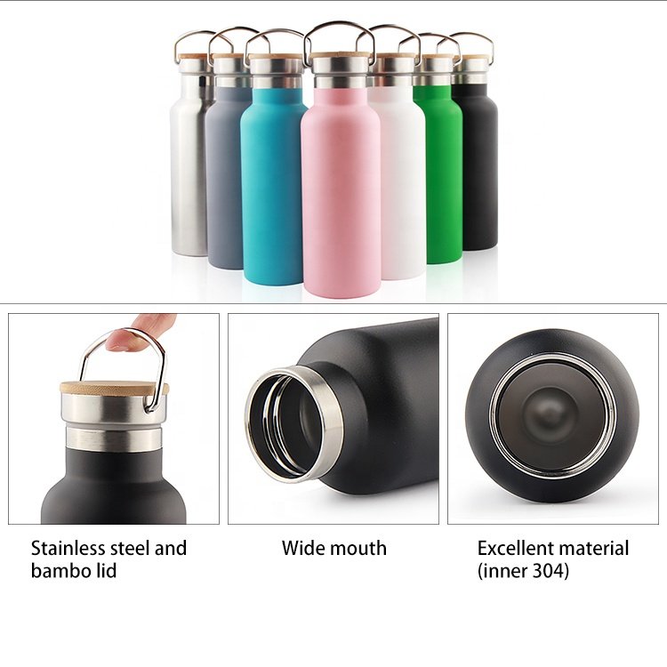 White Custom Sport Water Bottle with Bamboo Lid Wood Cap Double Wall Wide Mouth Vacuum Insulated Thermal Water Bottle