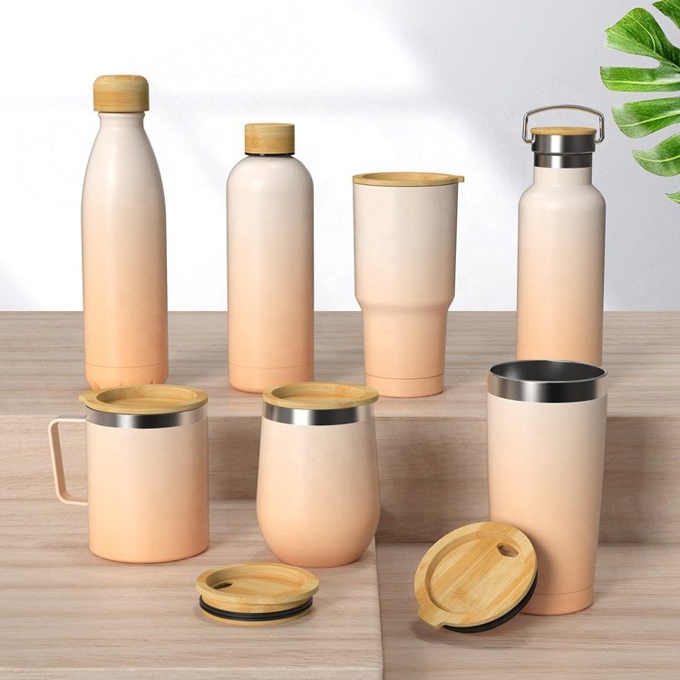 White Custom Sport Water Bottle with Bamboo Lid Wood Cap Double Wall Wide Mouth Vacuum Insulated Thermal Water Bottle