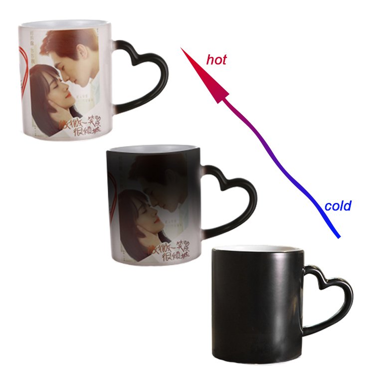 Wholesale Custom 11oz ceramic sublimation blanks coffee mugs with heart handle color changing cups magic mug with logo