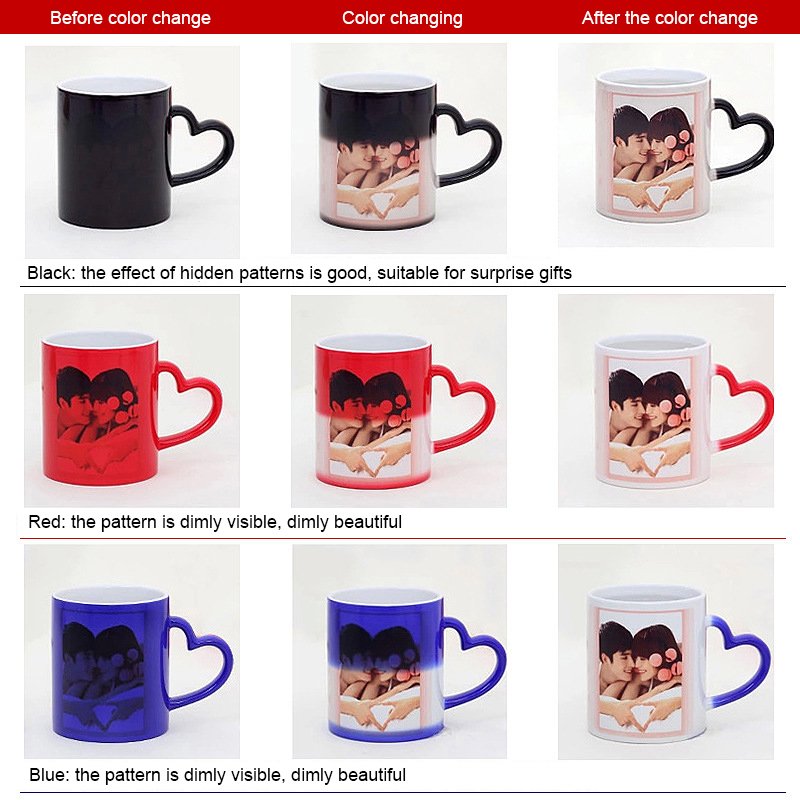 Wholesale Custom 11oz ceramic sublimation blanks coffee mugs with heart handle color changing cups magic mug with logo