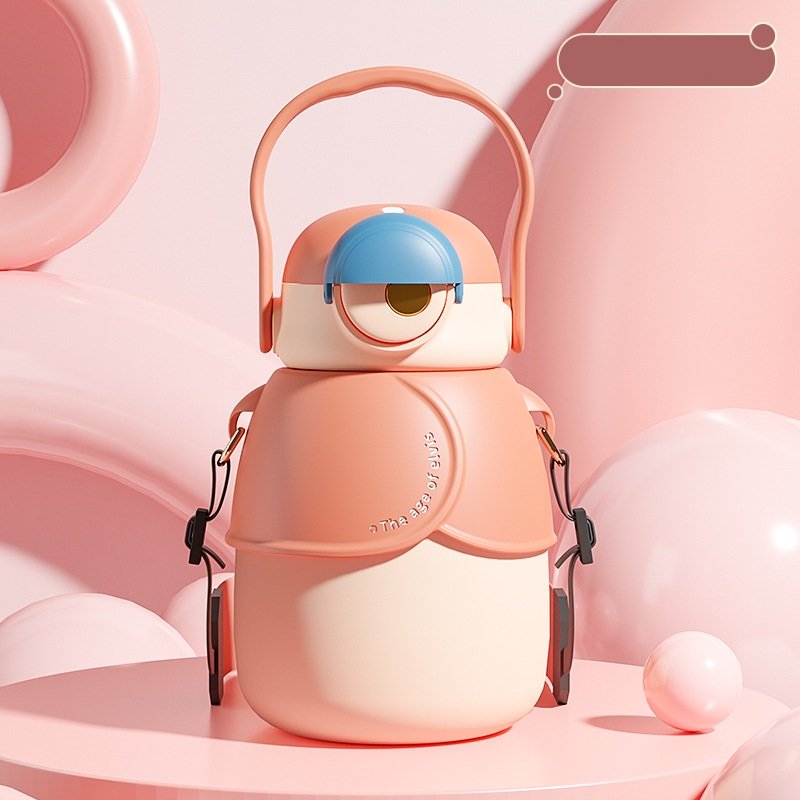 Large Capacity Portable Vacuum Flask Kid Cartoon Winter Essential Bouncing Water Bottle Straw Children Student Gift Cup
