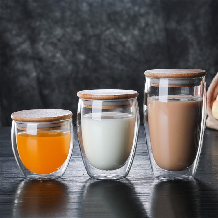 Wholesale egg shape double wall drinking glass coffee cup mug with lid
