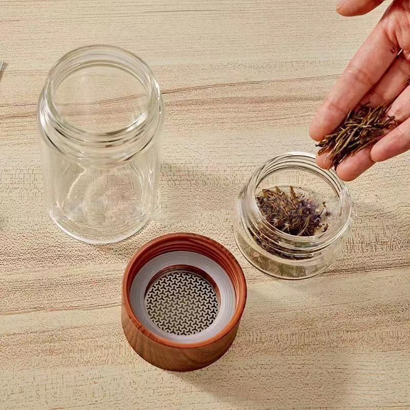 BPA Free Double Wall Glass Travel Tea Mug with Stainless Steel Filter Leakproof Tea Bottle with Strainer