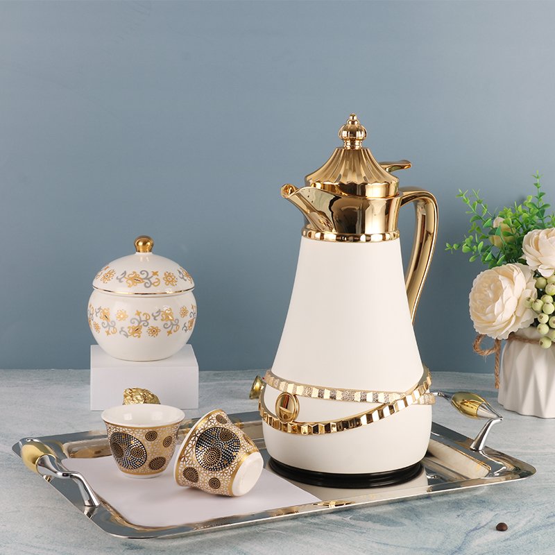 Triangle Shape 1.0 litre White Golden Coating x Decoration Metal Body Glass Insulation Vacuum Flask