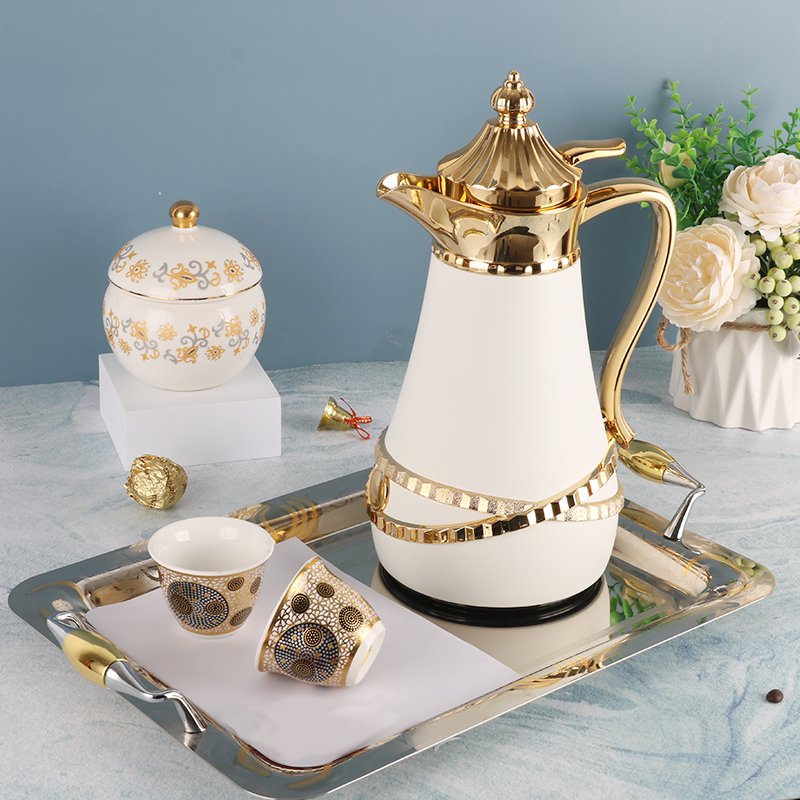 Triangle Shape 1.0 litre White Golden Coating x Decoration Metal Body Glass Insulation Vacuum Flask