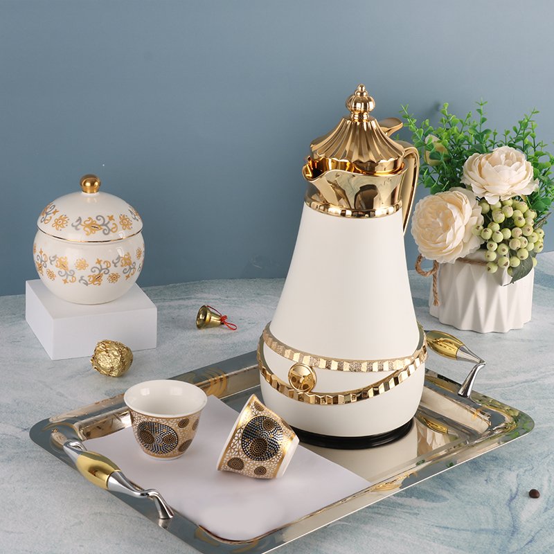 Triangle Shape 1.0 litre White Golden Coating x Decoration Metal Body Glass Insulation Vacuum Flask