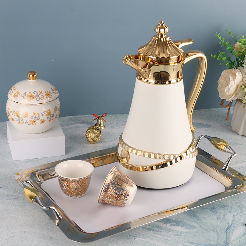 Triangle Shape 1.0 litre White Golden Coating x Decoration Metal Body Glass Insulation Vacuum Flask