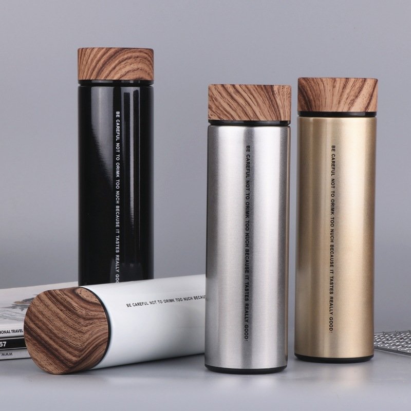 500ml double walled thermos cup custom insulated water bottles stainless steel vacuum flasks & thermoses with wood grain lid