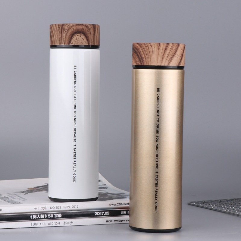 500ml double walled thermos cup custom insulated water bottles stainless steel vacuum flasks & thermoses with wood grain lid