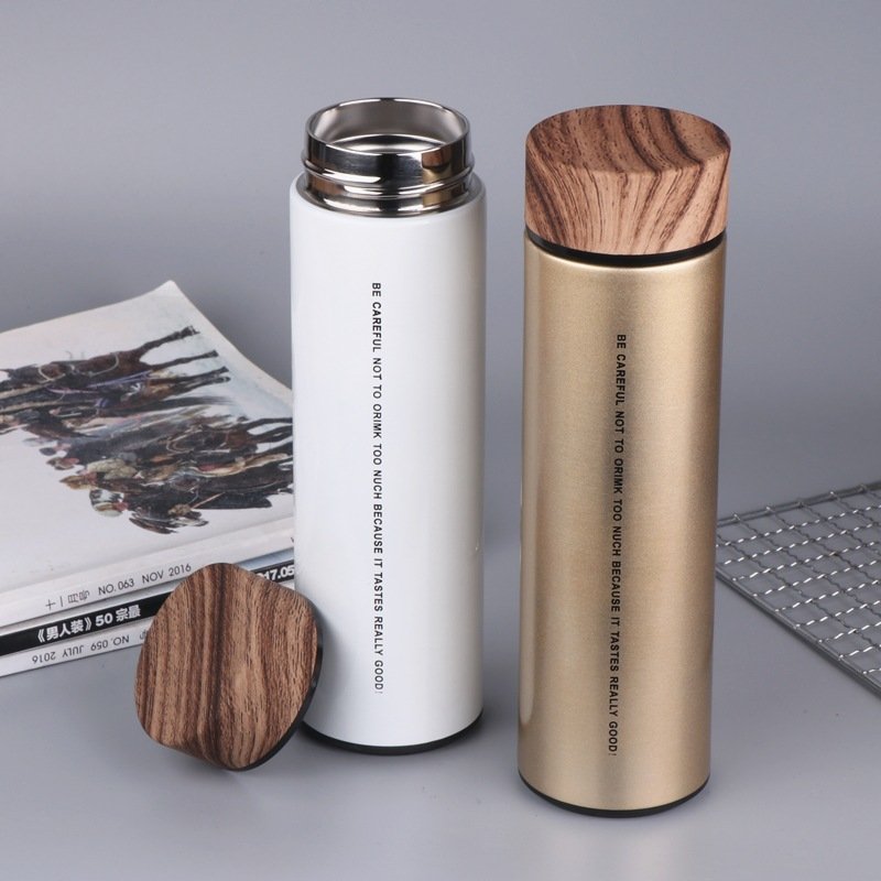 500ml double walled thermos cup custom insulated water bottles stainless steel vacuum flasks & thermoses with wood grain lid