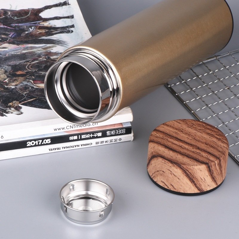 500ml double walled thermos cup custom insulated water bottles stainless steel vacuum flasks & thermoses with wood grain lid