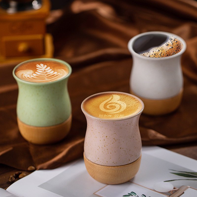 Eco-Friendly Customize Logo Porcelain Coffee&Tea Cups Macaron Style Matte Cup Ceramic Mug With Wood Base