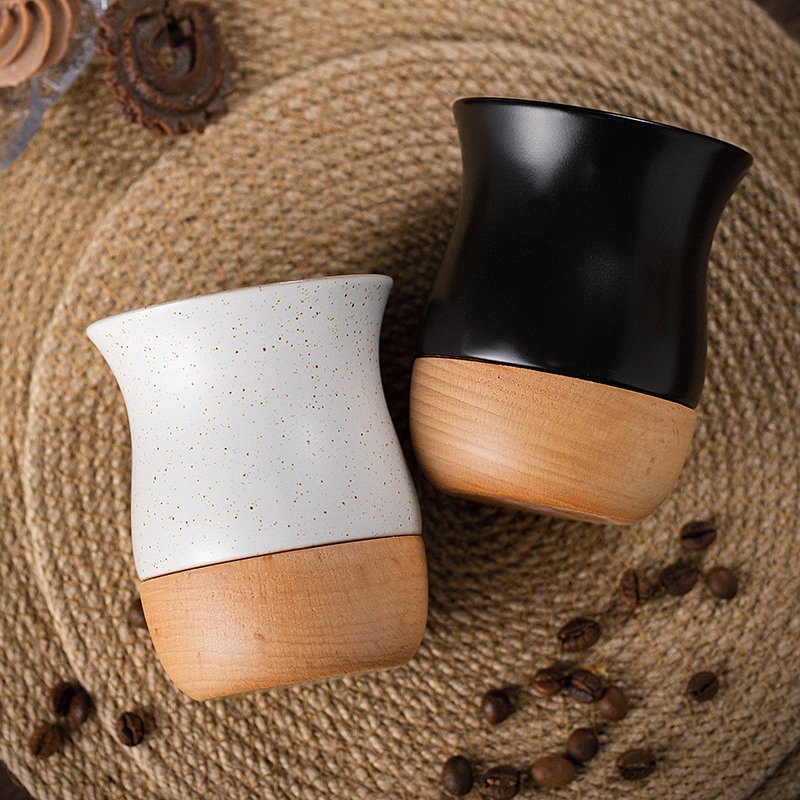 Eco-Friendly Customize Logo Porcelain Coffee&Tea Cups Macaron Style Matte Cup Ceramic Mug With Wood Base