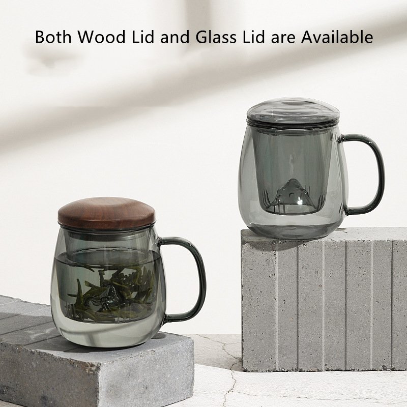 Custom 350ml Solid Color Grey High Borosilicate Glass Round Shape Yea Tea Infuser Water Bottle with Lid