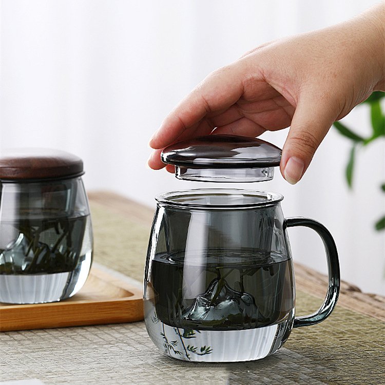 Custom 350ml Solid Color Grey High Borosilicate Glass Round Shape Yea Tea Infuser Water Bottle with Lid