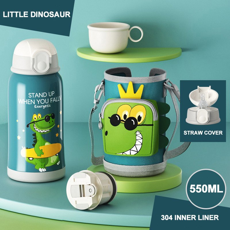 Goofit 550ml Insulated Kids Water Bottle Cute Cartoon Hand Bag Double Wall 304 Stainless Steel Thermos-Style Thermal Straw