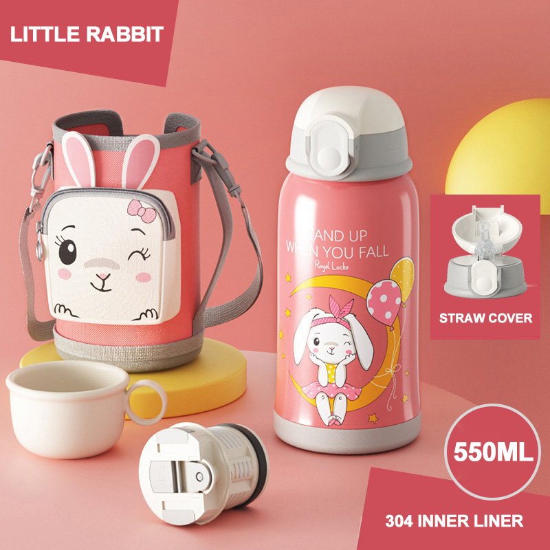 Goofit 550ml Insulated Kids Water Bottle Cute Cartoon Hand Bag Double Wall 304 Stainless Steel Thermos-Style Thermal Straw