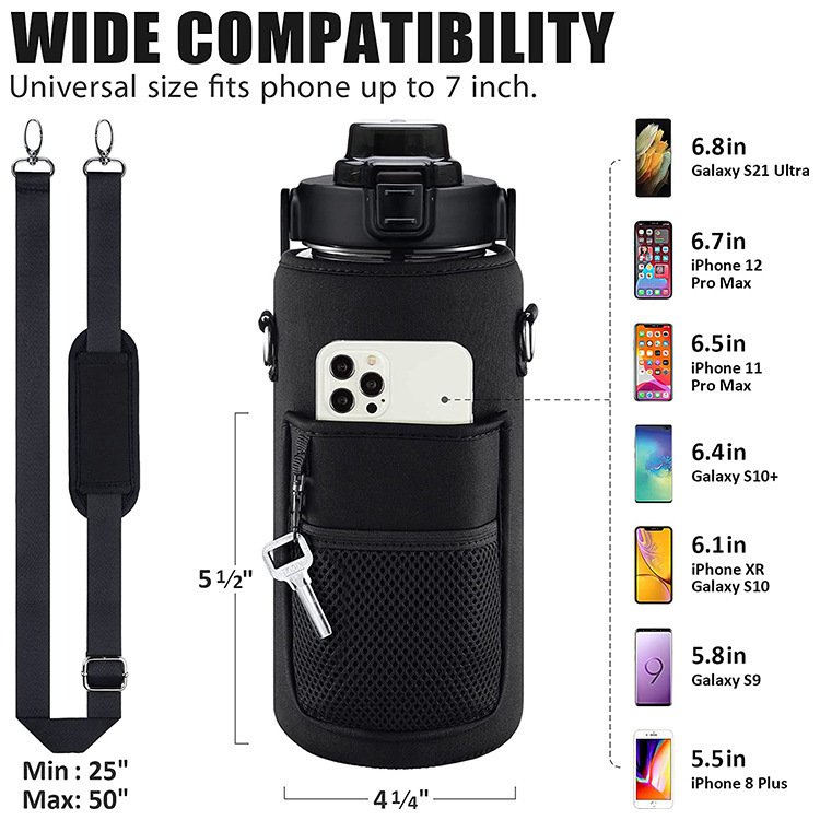 BPA Free 2L Half Gallon Gym Motivational Water Bottle with Brush and Sleeve Carrier Storage Phone Pocket And Strap