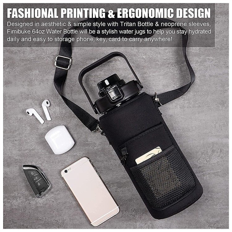 BPA Free 2L Half Gallon Gym Motivational Water Bottle with Brush and Sleeve Carrier Storage Phone Pocket And Strap