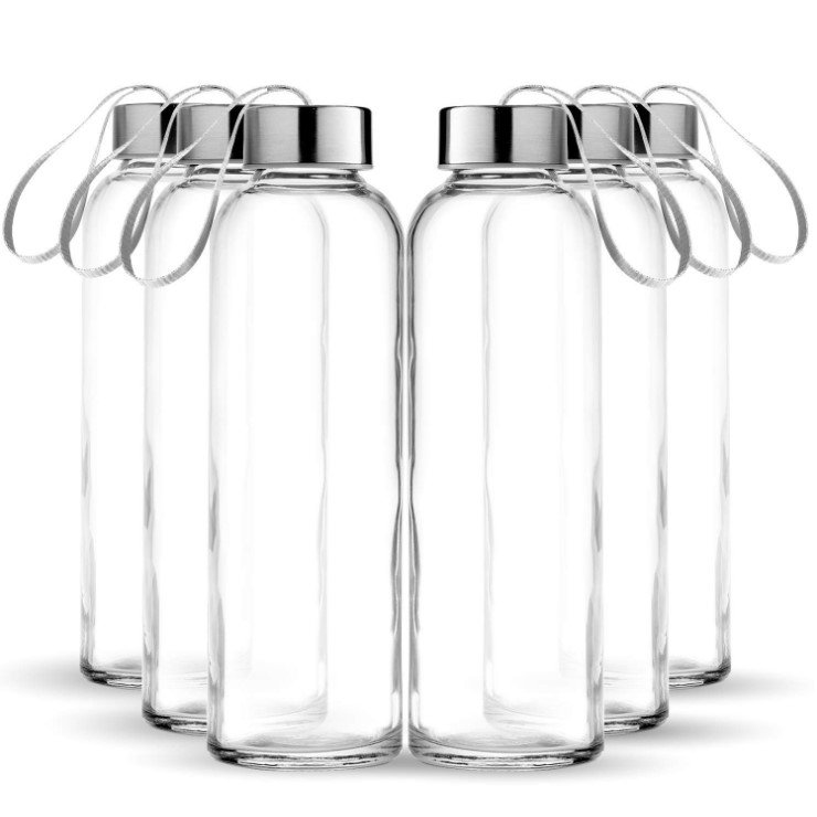 wholesale 18 oz Clear Glass Bottles with Lids Reusable Glass Water Bottles with Stainless Steel lid for Juicing