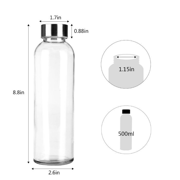 wholesale 18 oz Clear Glass Bottles with Lids Reusable Glass Water Bottles with Stainless Steel lid for Juicing