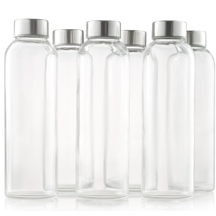 wholesale 18 oz Clear Glass Bottles with Lids Reusable Glass Water Bottles with Stainless Steel lid for Juicing