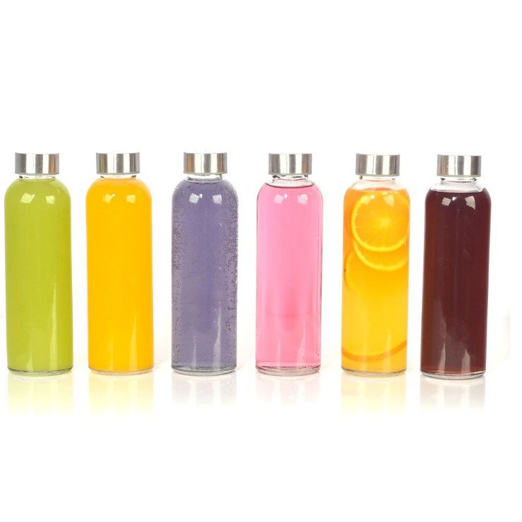 wholesale 18 oz Clear Glass Bottles with Lids Reusable Glass Water Bottles with Stainless Steel lid for Juicing