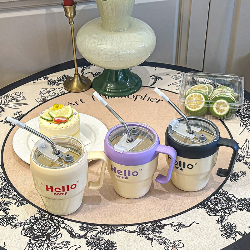 High-Appearance Horizontal Straw Glass Handle Ins Wind Small Anti-Hot Stainless Steel Coffee Cup Simple Vacuum Flask Thermos