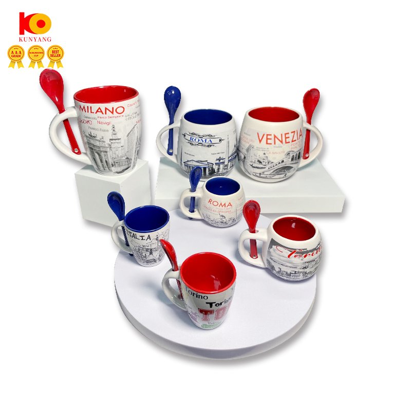 wholesale custom City souvenirs tourist ceramic coffee cups wholesale printed mugs with spoon