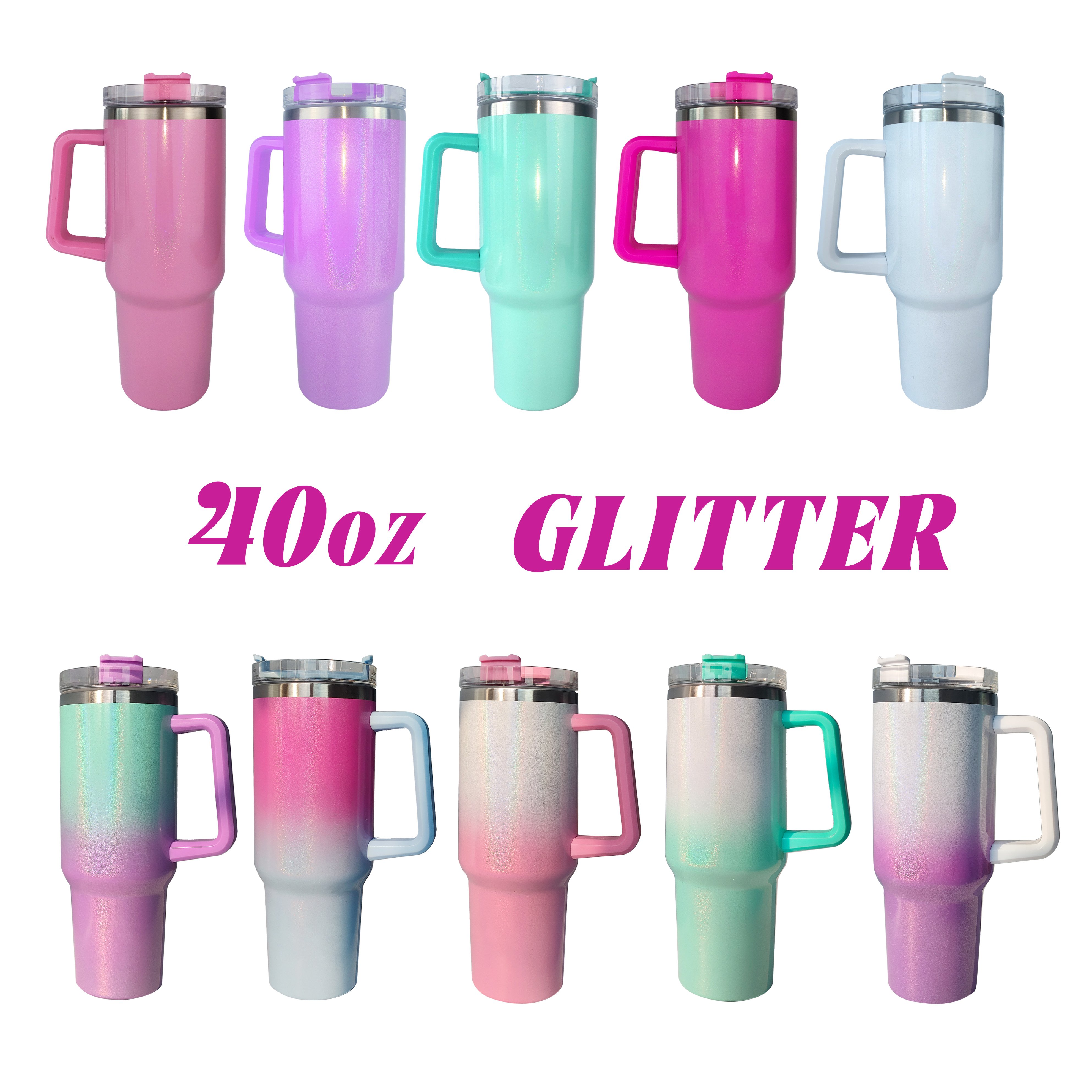 USA Warehouse 40 oz gradient ombre glitter shimmer Stainless Steel Mug 40oz Sublimation blank tumbler coffee mug with handle