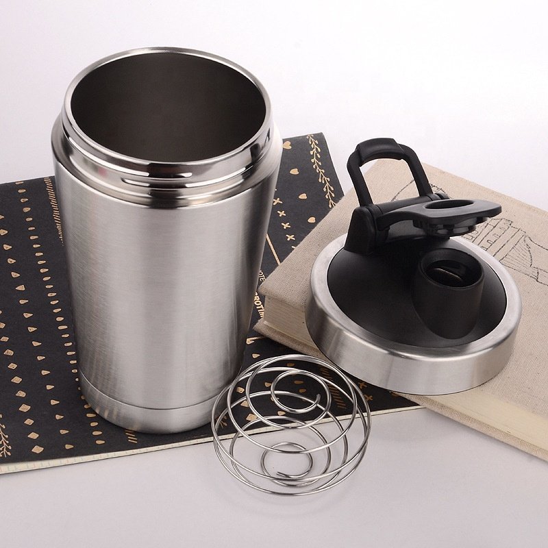 Double wall 304 stainless steel protein shaker bottle with storage BPA free shaker mug thermos insulated shaker bottle