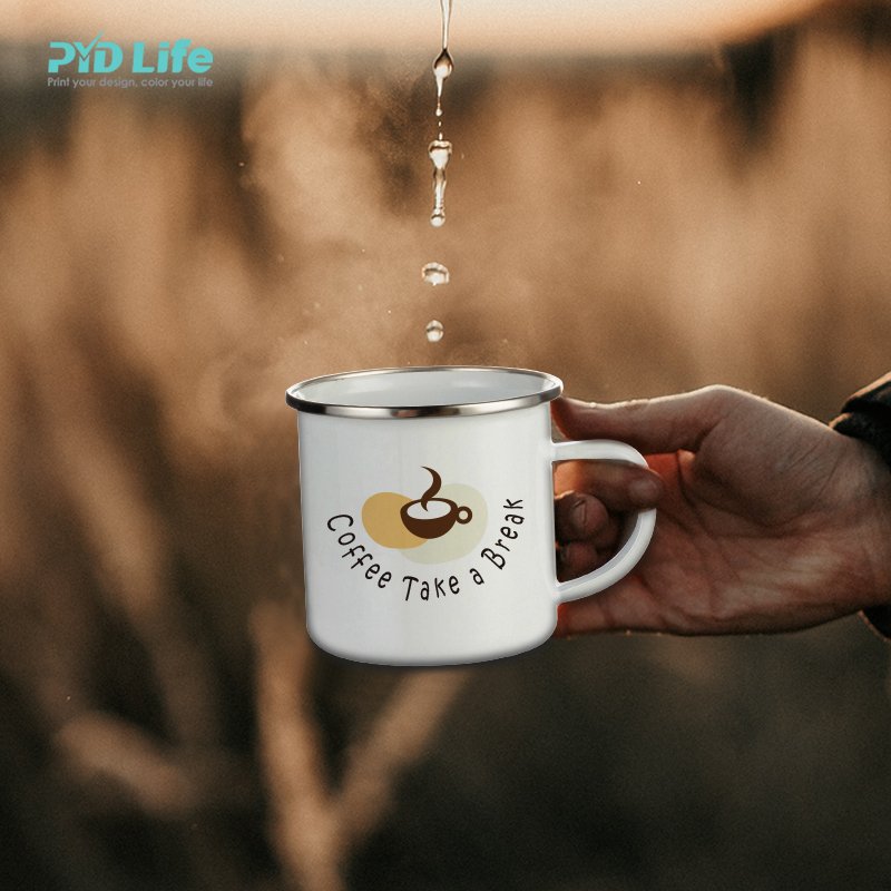 2022 PYD Life Hot Sale White 12 oz 350 ml Custom Metal Camping Outdoor Easter Enamel Mug with Stainless Steel Rim